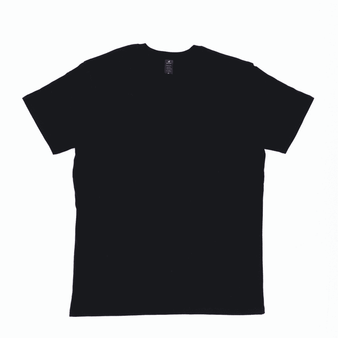 A black t-shirt displayed flat with a simple design and a logo on the tag.
