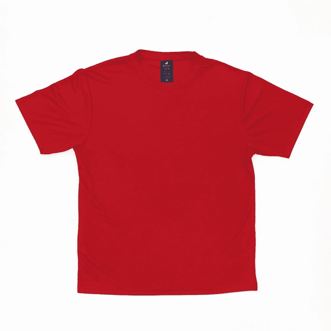A red T-shirt with short sleeves and a round neckline, featuring a branding label inside.