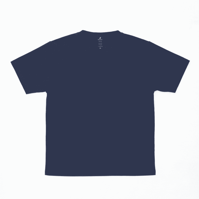 A navy blue t-shirt with a crew neckline and short sleeves, featuring a logo on the back.