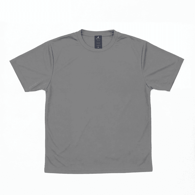A grey t-shirt featuring a logo on the tag, with a classic short-sleeve design.
