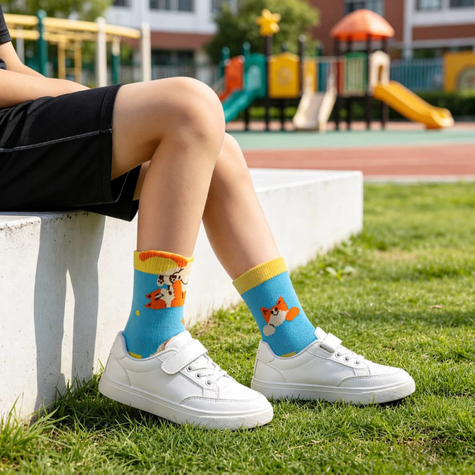 Ear-shaped crew kids' socks feature a vibrant blue design with yellow cuffs and playful animal patterns.