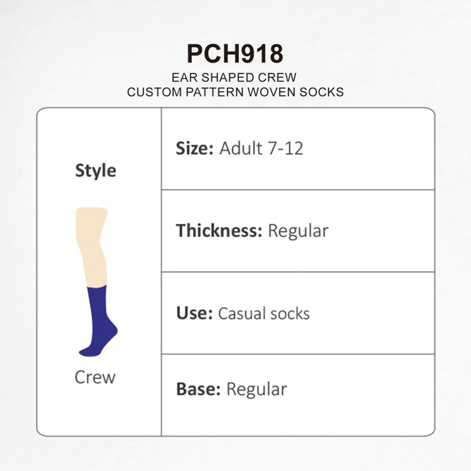 A pair of ear-shaped crew socks in purple, featuring a custom woven pattern and a regular thickness.