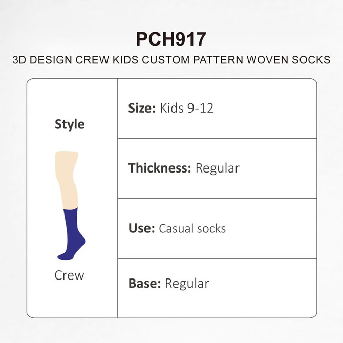 A pair of kids' crew socks in purple, featuring a custom pattern, with a regular thickness and size range of 9-12.