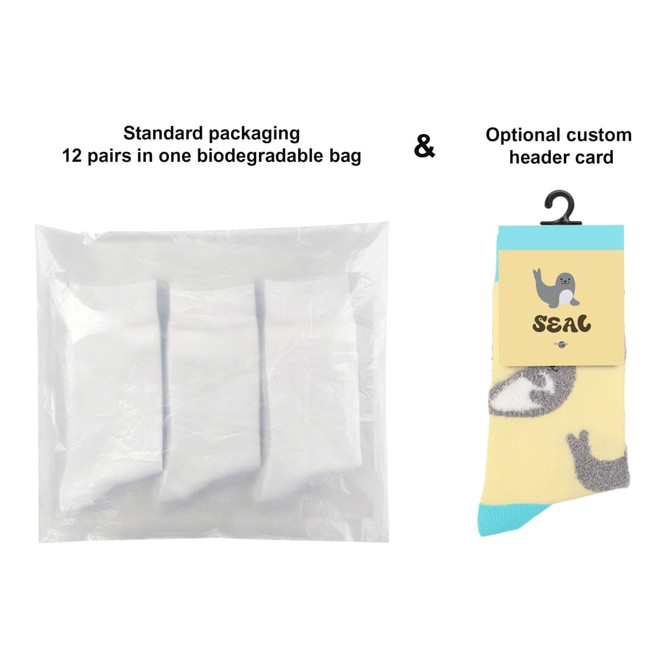 A biodegradable bag containing 12 pairs of woven socks, featuring a custom header card with a seal design.