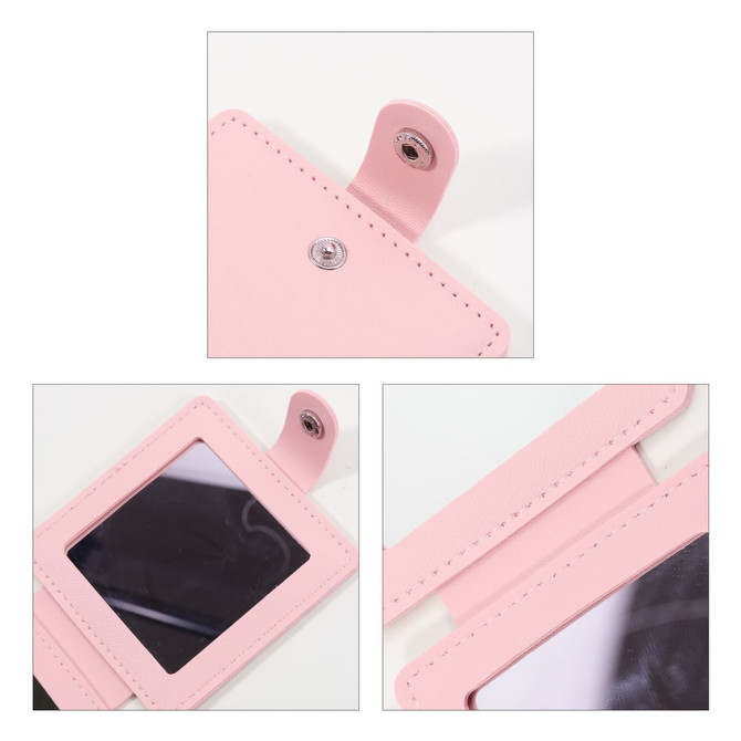 A pink square folding pocket mirror with a snap closure and a reflective surface, featuring stitching details.