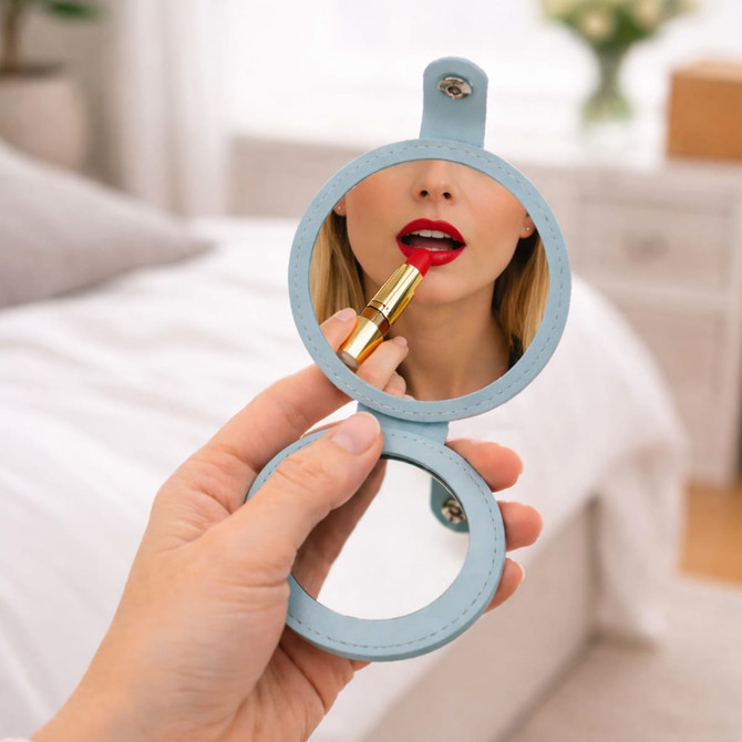 A round, light blue folding pocket mirror held in a hand, reflecting a person applying red lipstick.