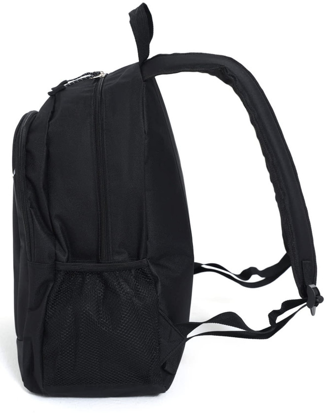 A black backpack featuring a zip closure, padded shoulder straps, and a mesh side pocket. It has a logo on it.