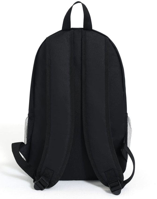 A black backpack with padded shoulder straps and mesh side pockets, featuring a branding logo.