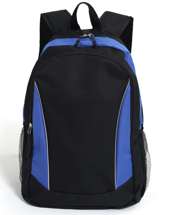 A black and blue backpack with adjustable straps and side mesh pockets. It features a logo on the front.