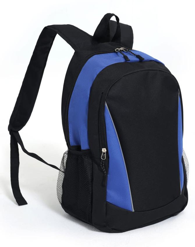 A black and blue backpack with adjustable straps and a mesh side pocket, featuring a logo on the front.
