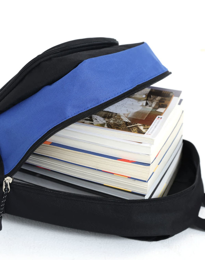 A black and blue backpack with a zippered opening, filled with several stacked books.