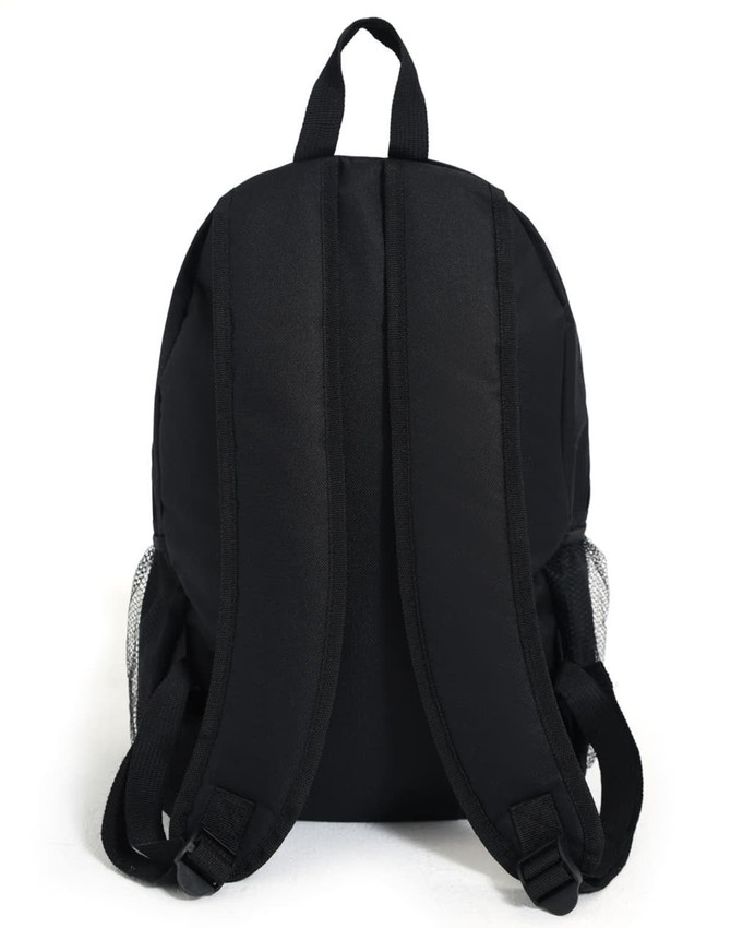 A black backpack featuring padded shoulder straps and mesh side pockets. It has a simple design and includes a logo.
