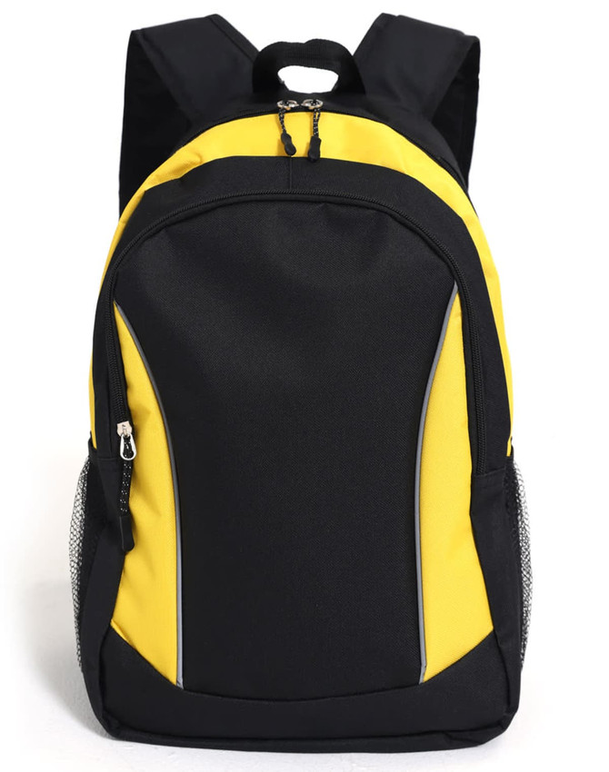 A black and yellow backpack with adjustable straps and a side mesh pocket. It features a zippered main compartment and a logo.