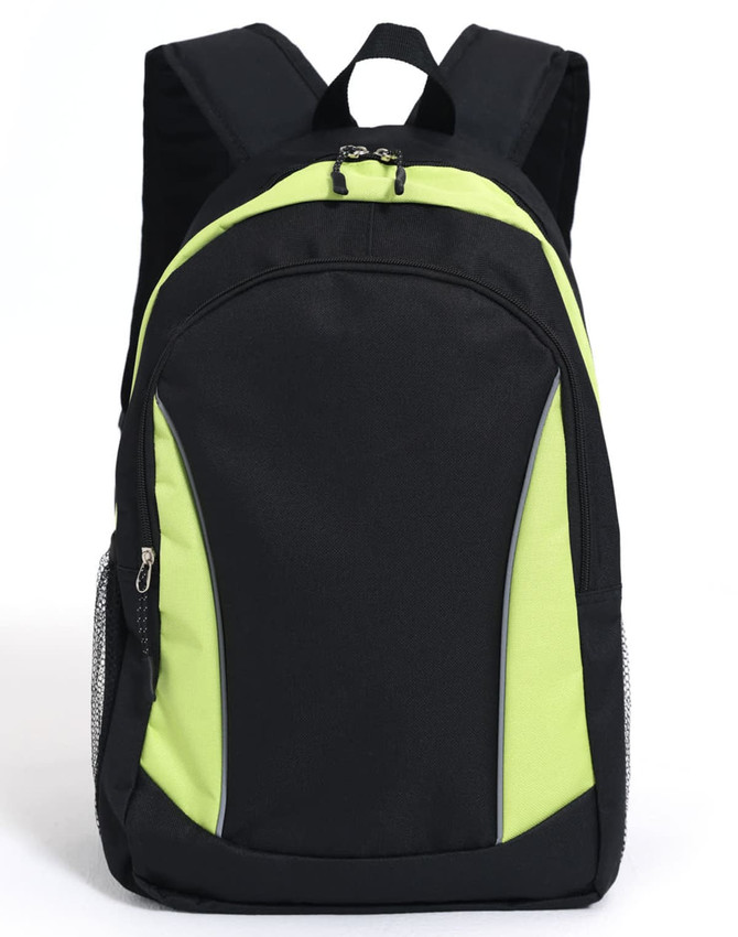 A black backpack with vibrant green accents and a side mesh pocket, featuring a logo.