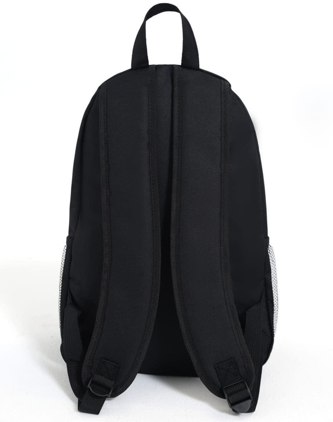 A black backpack featuring adjustable straps and mesh side pockets, with a logo visible.