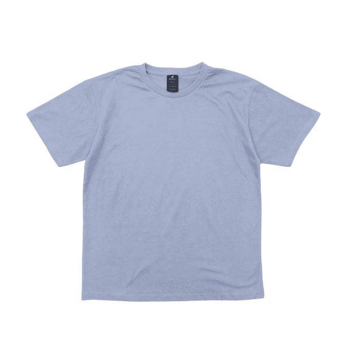 A light blue T-shirt with a round neckline and a small logo on the tag.