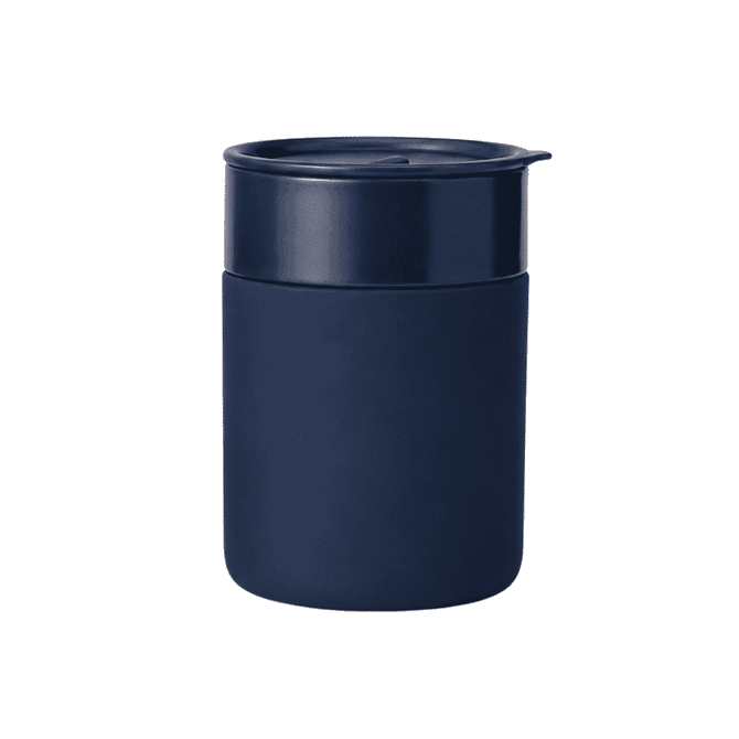 A ceramic coffee cup in navy blue with a matching lid. Features a smooth finish and has a logo.
