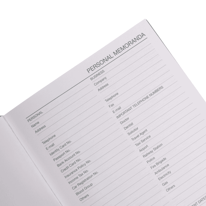 An A5 diary with blank personal memoranda pages for notes and contact details, featuring a soft cover.