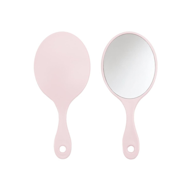 A pink handheld makeup mirror with a smooth, rounded design and a reflective surface on one side.