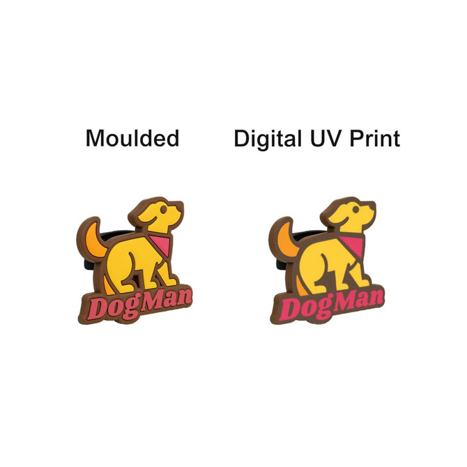 Two custom shoelace charms featuring a yellow dog design with a pink bandana and a logo. One has a moulded finish, the other a digital print.