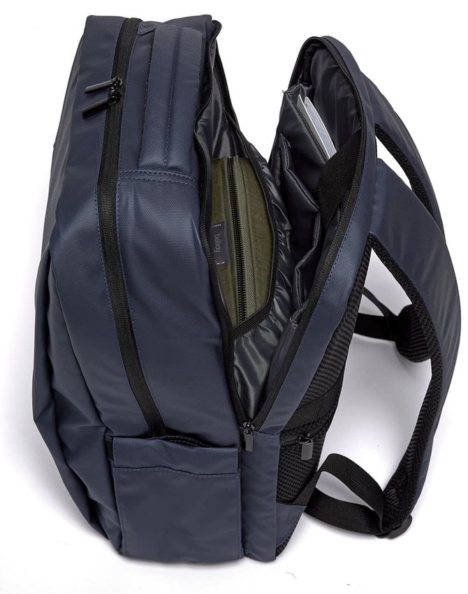 A navy blue PU backpack featuring multiple compartments and a padded back for comfort. Includes a logo.