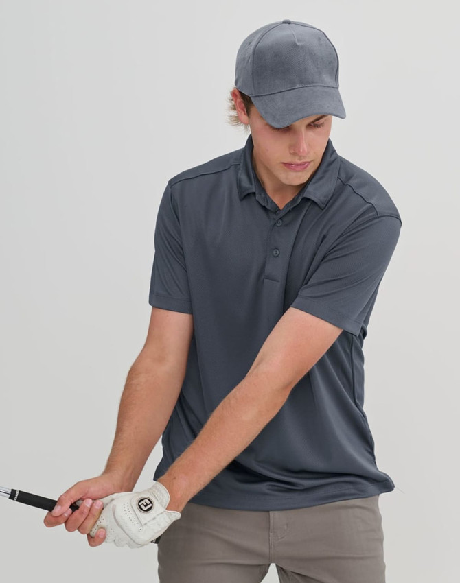 A grey Jacquard Texture 5 Panel Cap worn by a man swinging a golf club, with a logo on the cap.