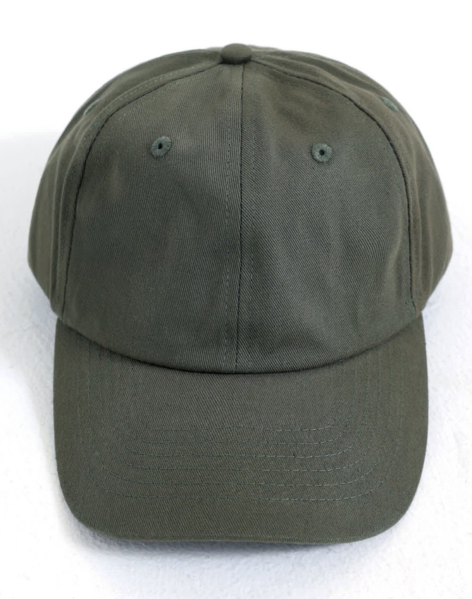 A cotton twill unstructured cap in olive green with an adjustable strap and a logo on the front.