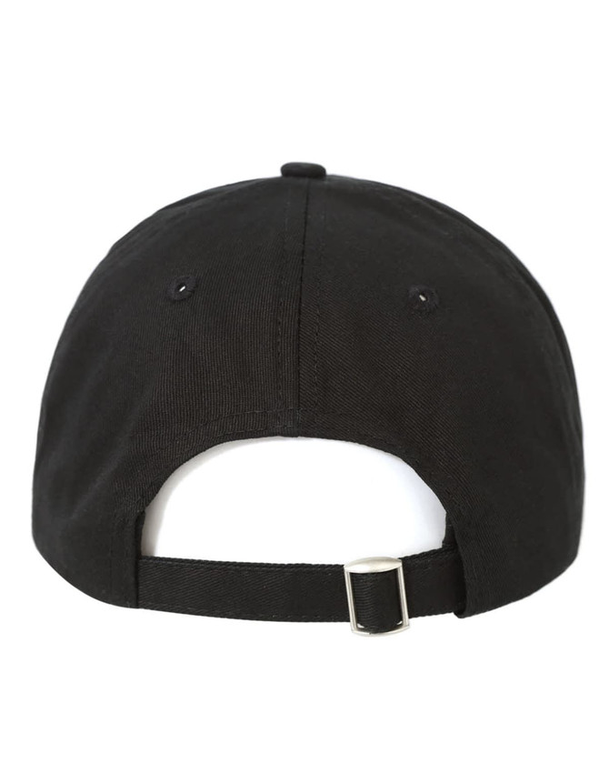 A black cotton twill unstructured cap featuring a back strap and an adjustable buckle. It has a logo on the side.
