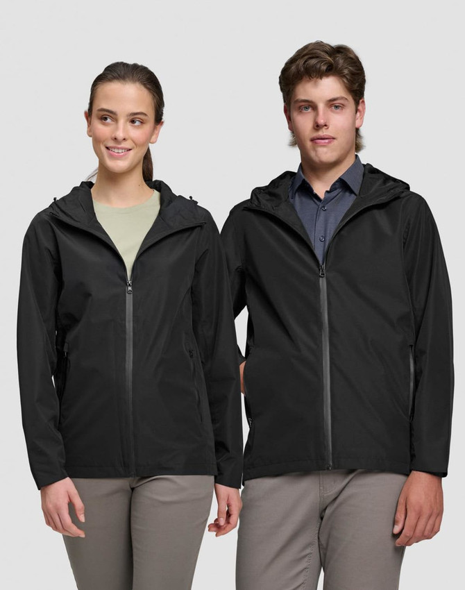 A unisex black waterproof jacket, featuring a zip-up front and a hood, displayed on male and female models.