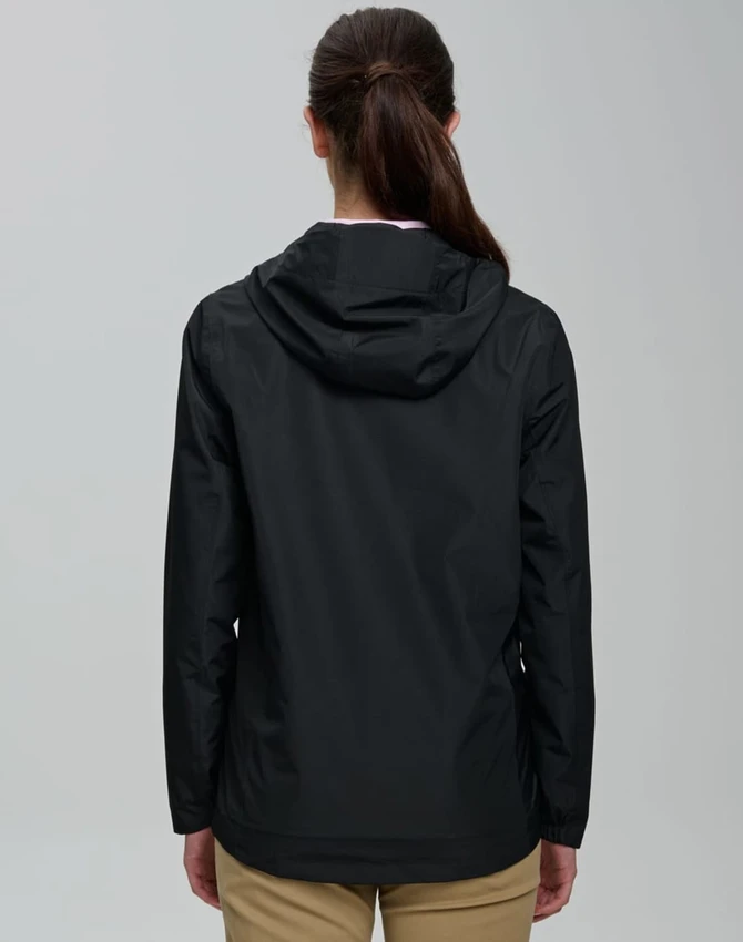A waterproof unisex jacket in black with a hood, featuring a logo on the back.