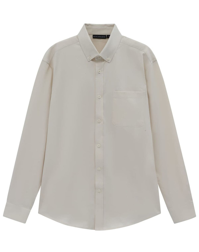 A men's smart casual long sleeve shirt in a light beige cotton blend, featuring a button-down collar and a chest pocket.