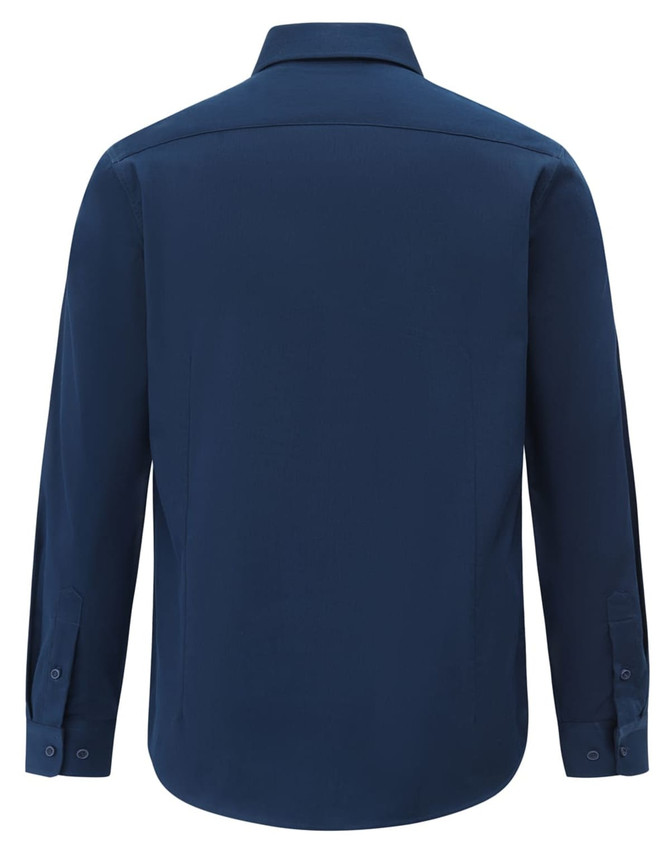 A navy cotton blend long-sleeve shirt with a classic collar and buttoned cuffs. Features a logo on the back.