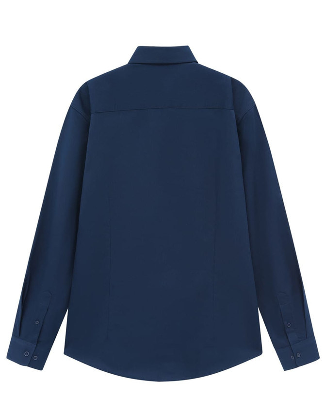 A navy blue men's smart casual cotton blend long-sleeve shirt with a standard collar and buttoned cuffs.