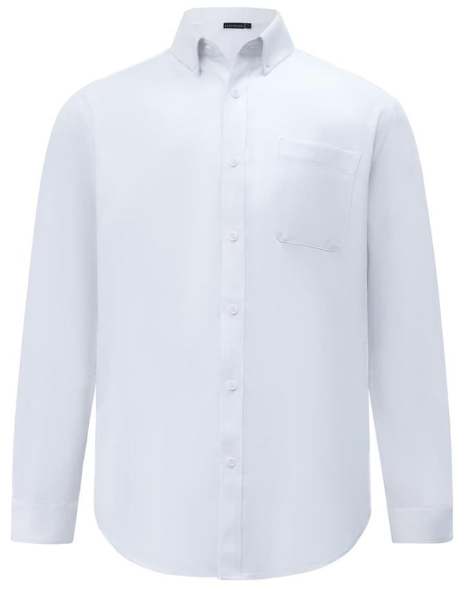A white men's long-sleeve smart casual shirt with a button-down collar and a chest pocket. It features a logo.