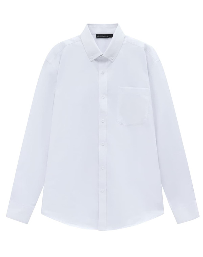 A white long-sleeve cotton blend shirt with a collar and a single chest pocket, featuring a logo.