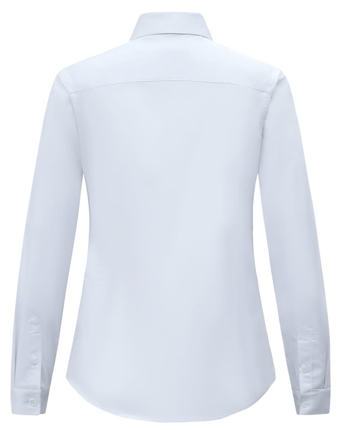 A white, long-sleeved cotton blend shirt with a collar and a curved hem. The back features a logo.