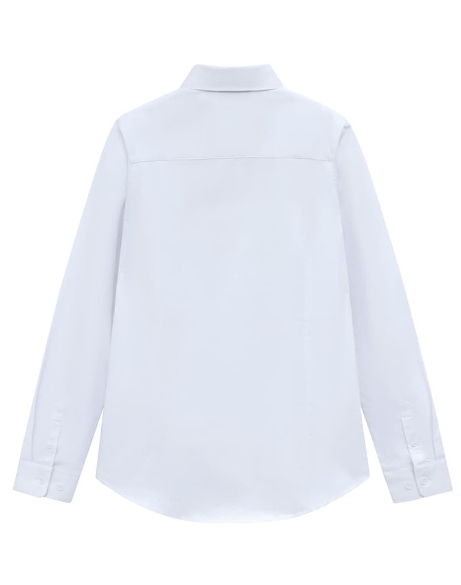 A white ladies' long-sleeve shirt made from a cotton blend, featuring a button-down collar and back yoke.