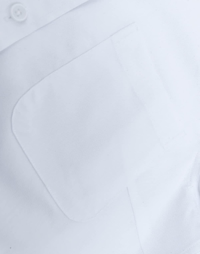 A white cotton blend long-sleeve shirt featuring a chest pocket and a button-up collar. It has a subtle branding logo.