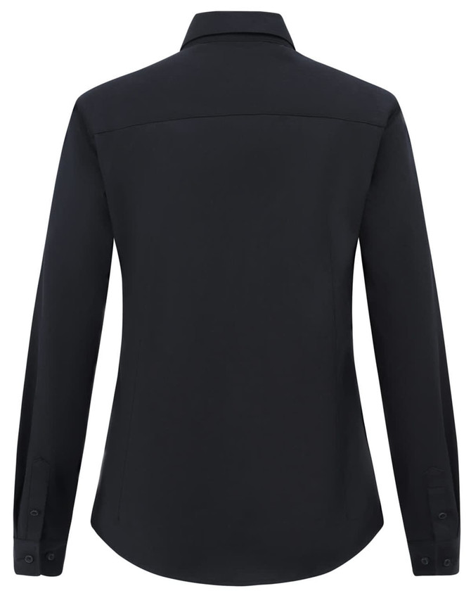 A black long-sleeve shirt with a collar and buttoned cuffs, featuring a logo on the back.
