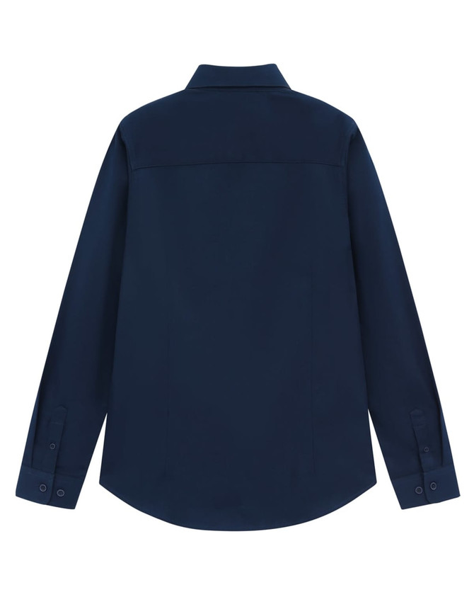 A navy blue long-sleeve shirt featuring a collar and button details, with a plain back view and a branding logo.