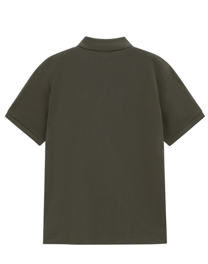 A men's short-sleeve polo shirt in a solid dark olive green colour, featuring a collar and a logo.