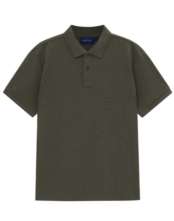 A men's short-sleeve polo in olive green, featuring a classic collar and a logo.