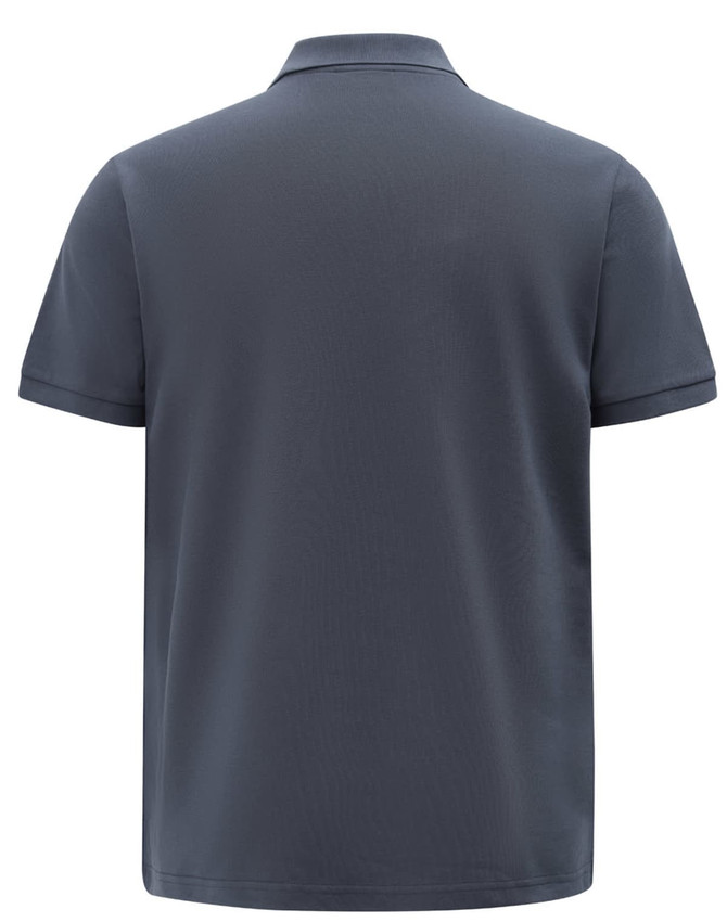 A navy blue men's short-sleeve polo shirt with a classic pique texture and a logo on the back.