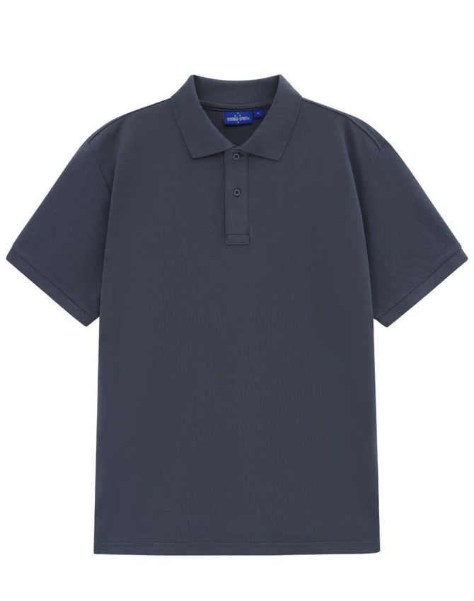 A men's short-sleeve polo in dark navy cotton/poly pique fabric, featuring a collar and three buttons.