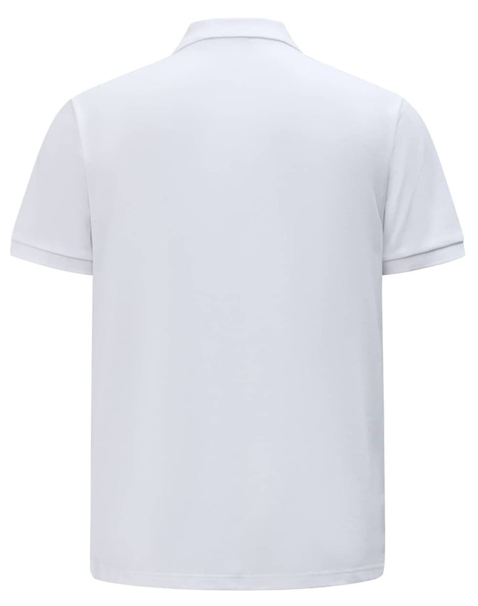A white men's classic cotton/poly pique short-sleeve polo shirt with a logo on the back.
