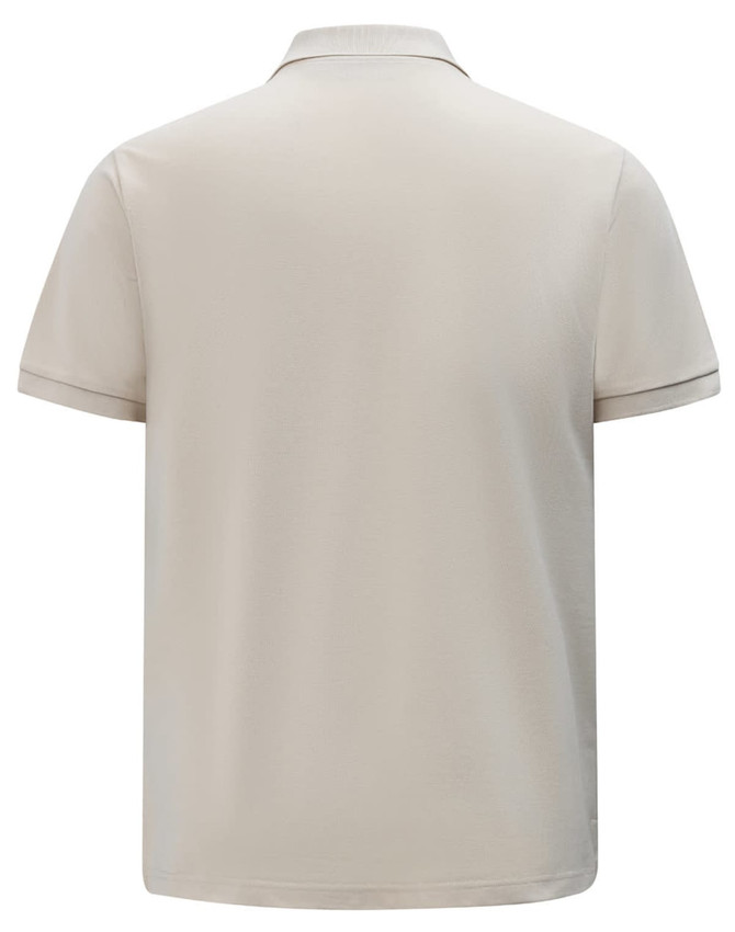 A light beige men's classic cotton/poly pique short-sleeve polo with a collar and a logo.
