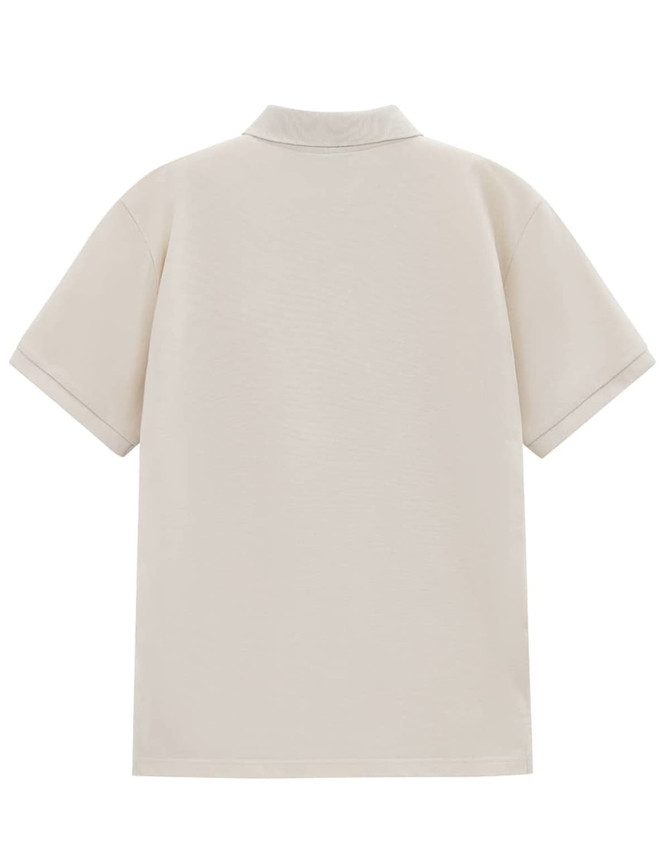 A classic short-sleeve polo shirt in beige with a collar and a logo on the back.