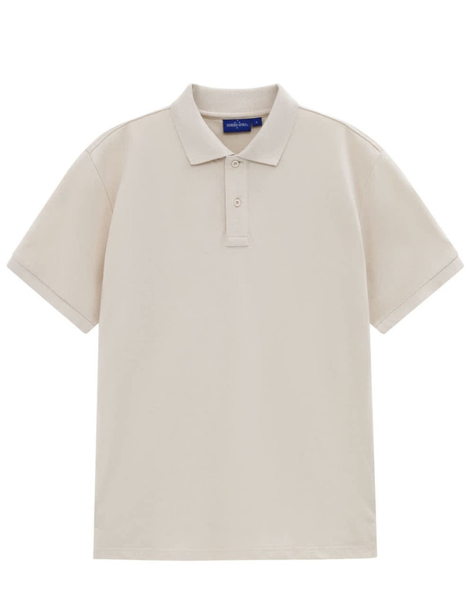 A men's short-sleeve polo in a soft beige colour, featuring a collar and a logo on the chest.