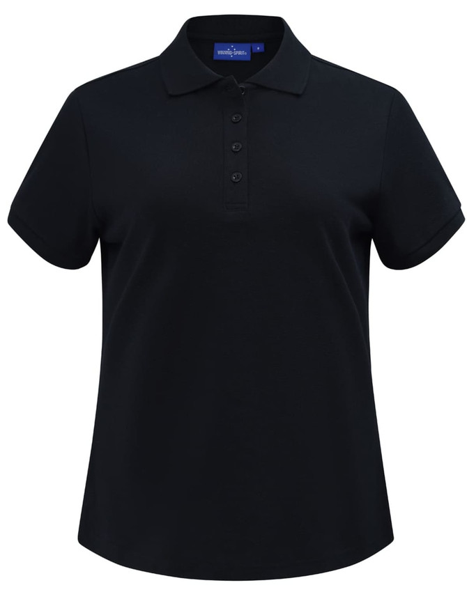 A black women's short-sleeve polo shirt made of cotton/poly pique, featuring a collar and a logo.