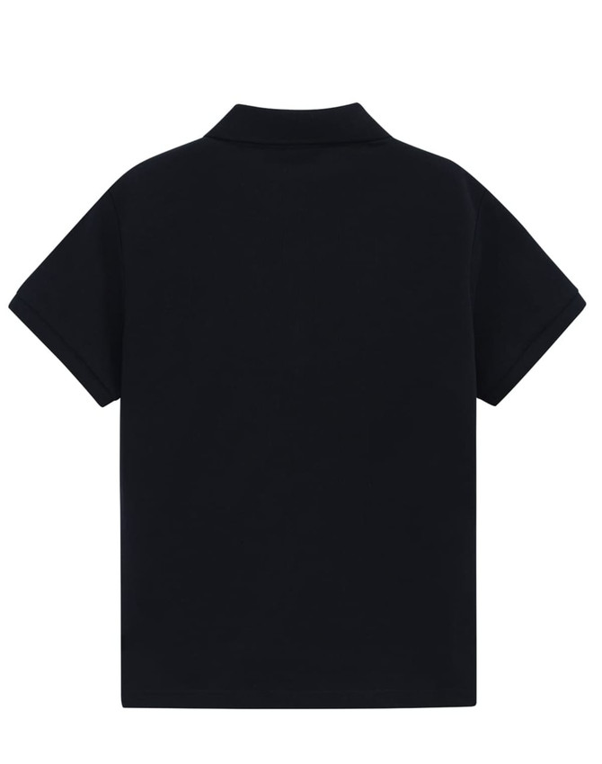 A classic short-sleeve polo shirt in black, featuring a collared neckline and a logo on the back.